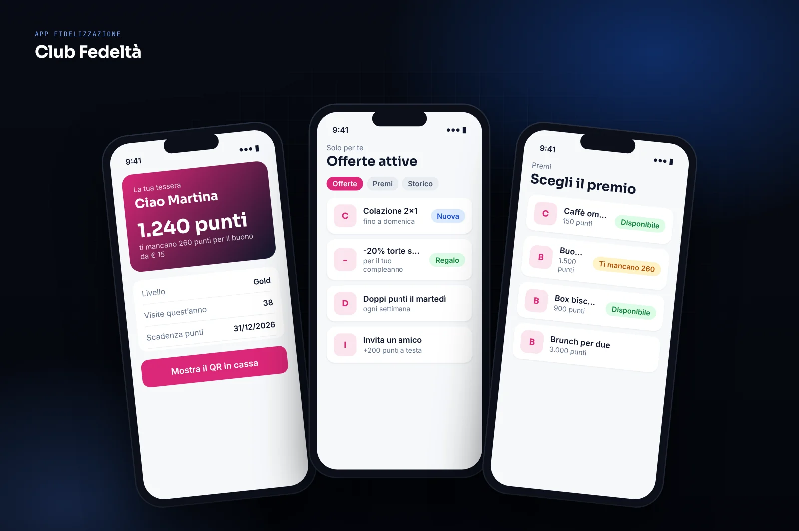 Mockup di app di fidelizzazione clienti: tessera punti con QR, offerte personalizzate e catalogo premi