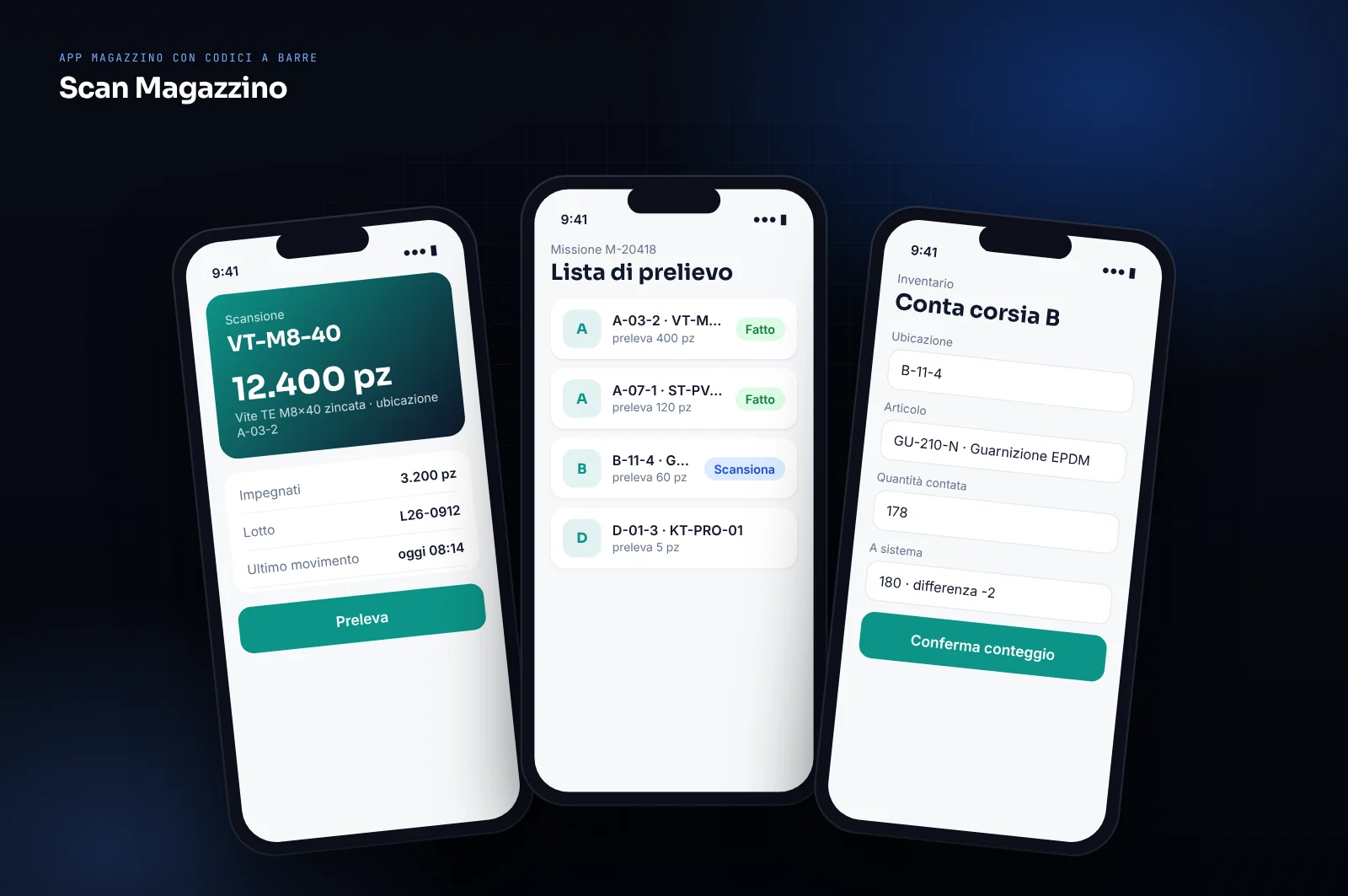 Mockup di app per magazzino con lettura dei codici a barre: scheda articolo, lista di prelievo e inventario dal telefono