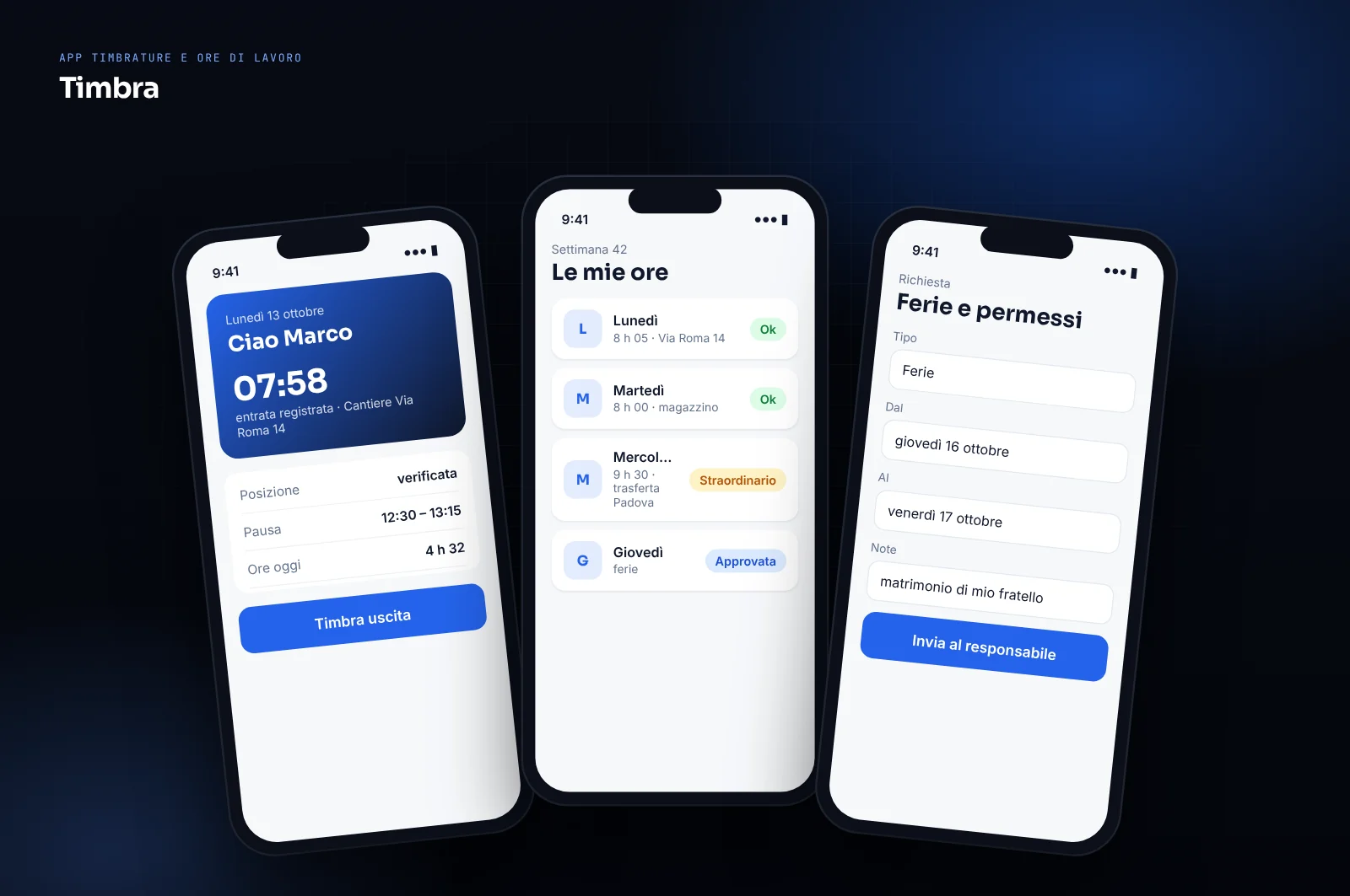Mockup di app per timbrature e ore di lavoro: timbratura con posizione, riepilogo settimanale delle ore e richiesta ferie