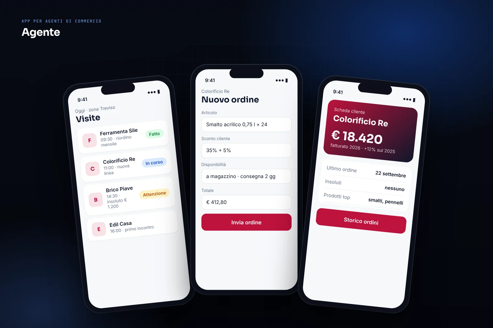 Mockup di app per agenti di commercio: giro visite, ordine con prezzi e sconti del cliente, scheda cliente con fatturato e insoluti