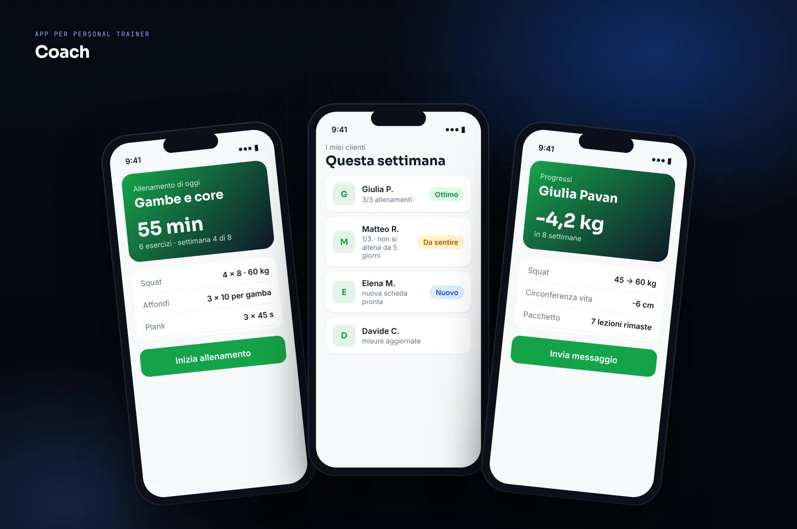 Mockup di app per personal trainer: scheda di allenamento, elenco clienti con aderenza e progressi misurati