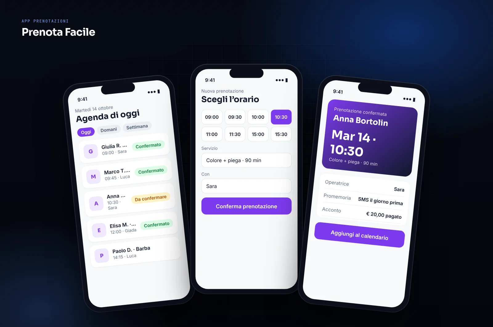 Mockup di app per prenotazioni e appuntamenti: agenda del giorno, scelta dell’orario e conferma con promemoria e acconto