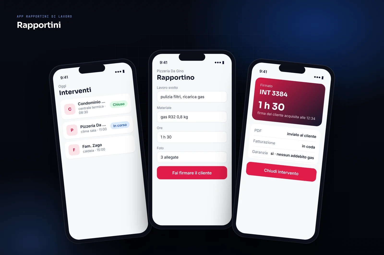 Mockup di app per rapportini di lavoro: interventi del giorno, rapportino con materiali, ore e foto, firma del cliente sul telefono