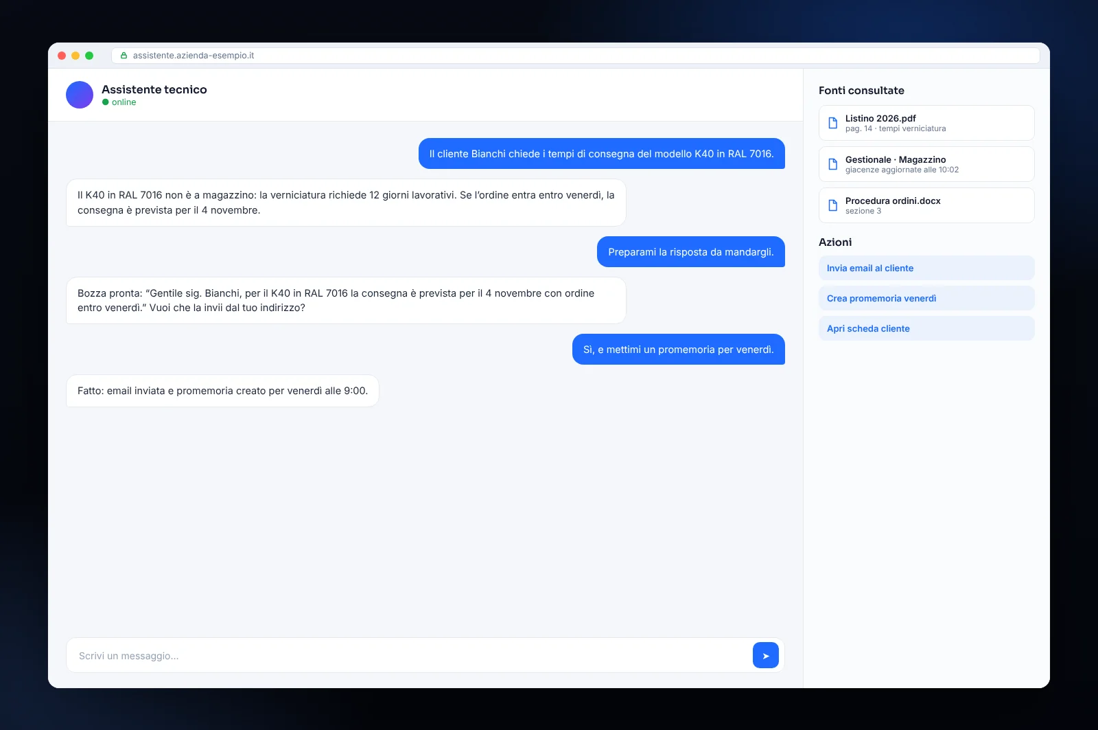 Mockup di chatbot aziendale collegato al gestionale e ai documenti interni: risposta con fonti, bozza di email e promemoria