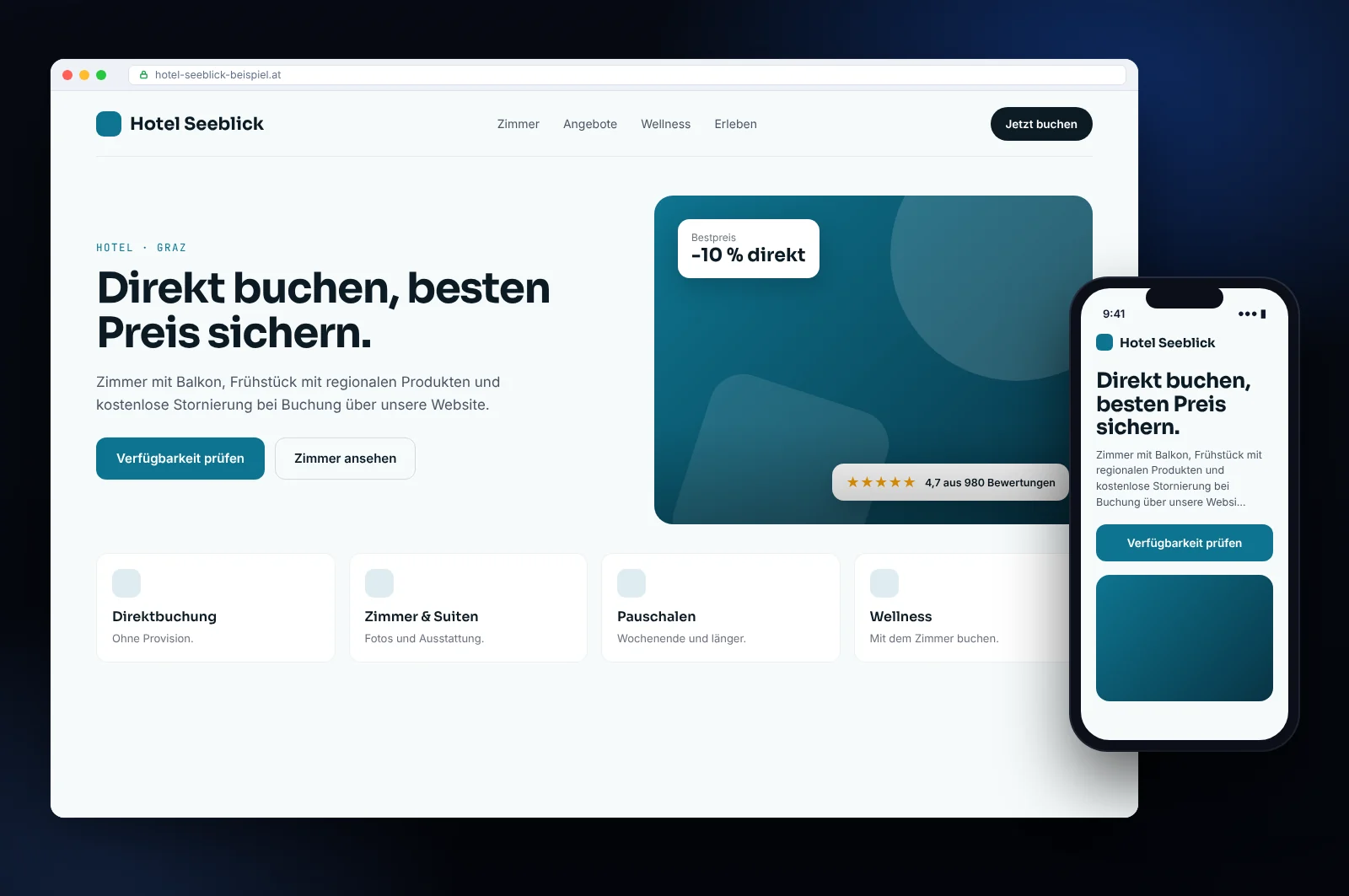 Website-Mockup für ein Hotel in Graz: Startseite mit Terminanfrage, Leistungen und Mobilversion