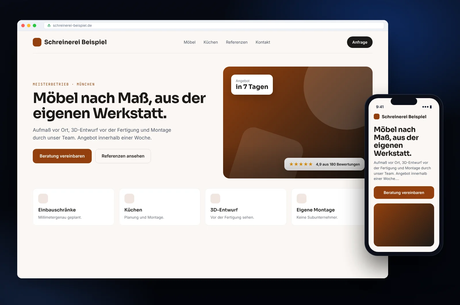 Website-Mockup für eine Schreinerei in München: Startseite mit Terminanfrage, Leistungen und Mobilversion