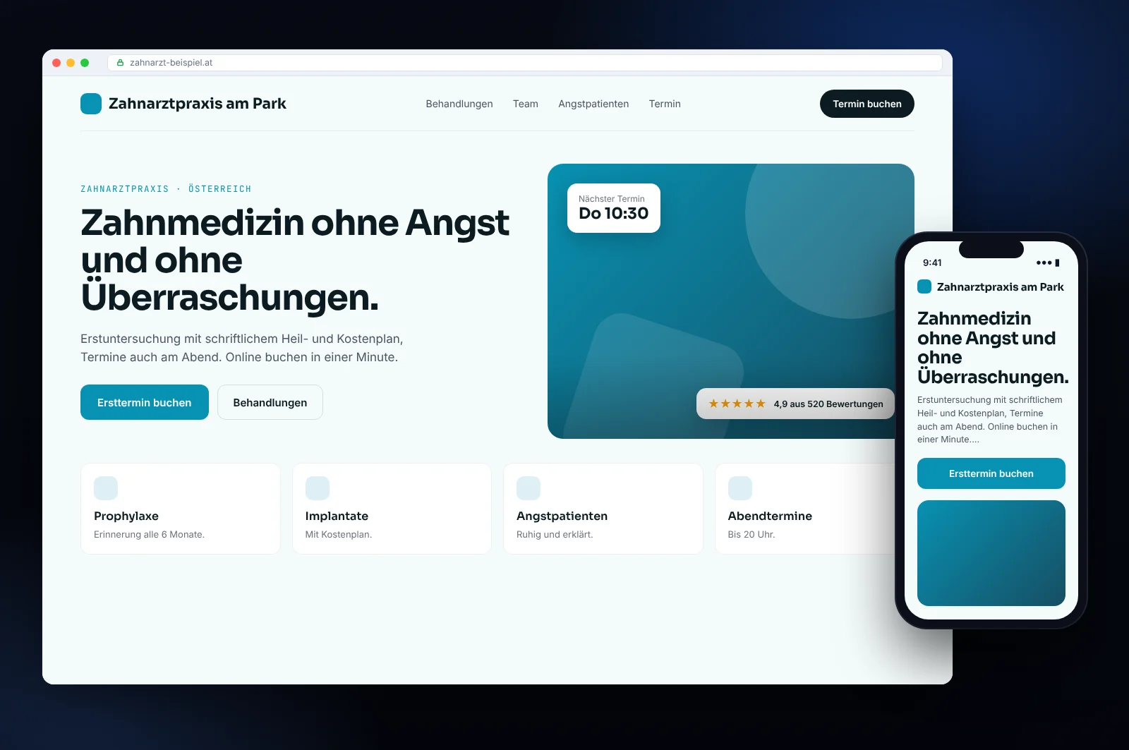 Website-Mockup für eine Zahnarztpraxis in Österreich: Startseite mit Terminanfrage, Leistungen und Mobilversion