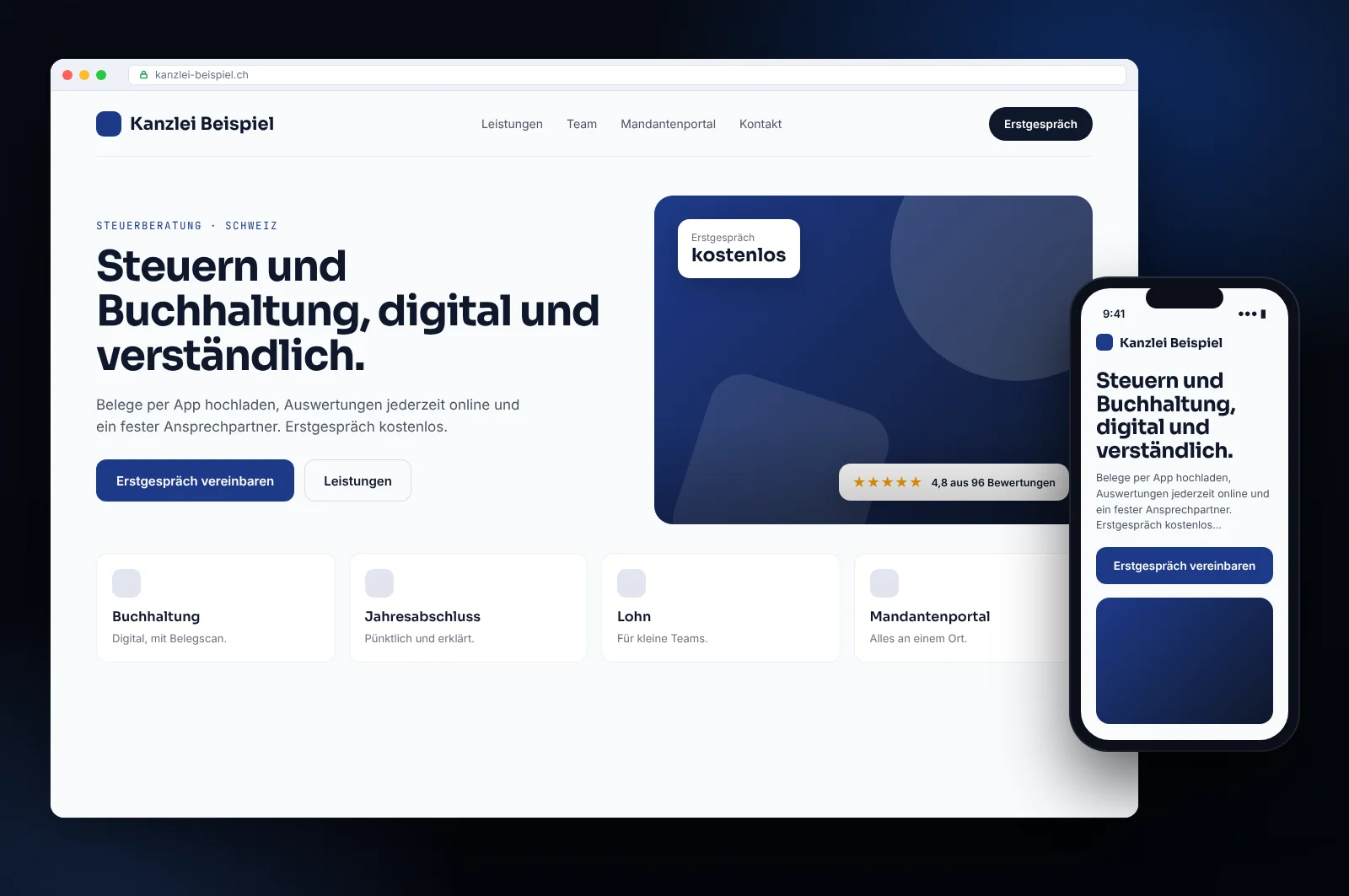 Website-Mockup für eine Steuerkanzlei in Schweiz: Startseite mit Terminanfrage, Leistungen und Mobilversion