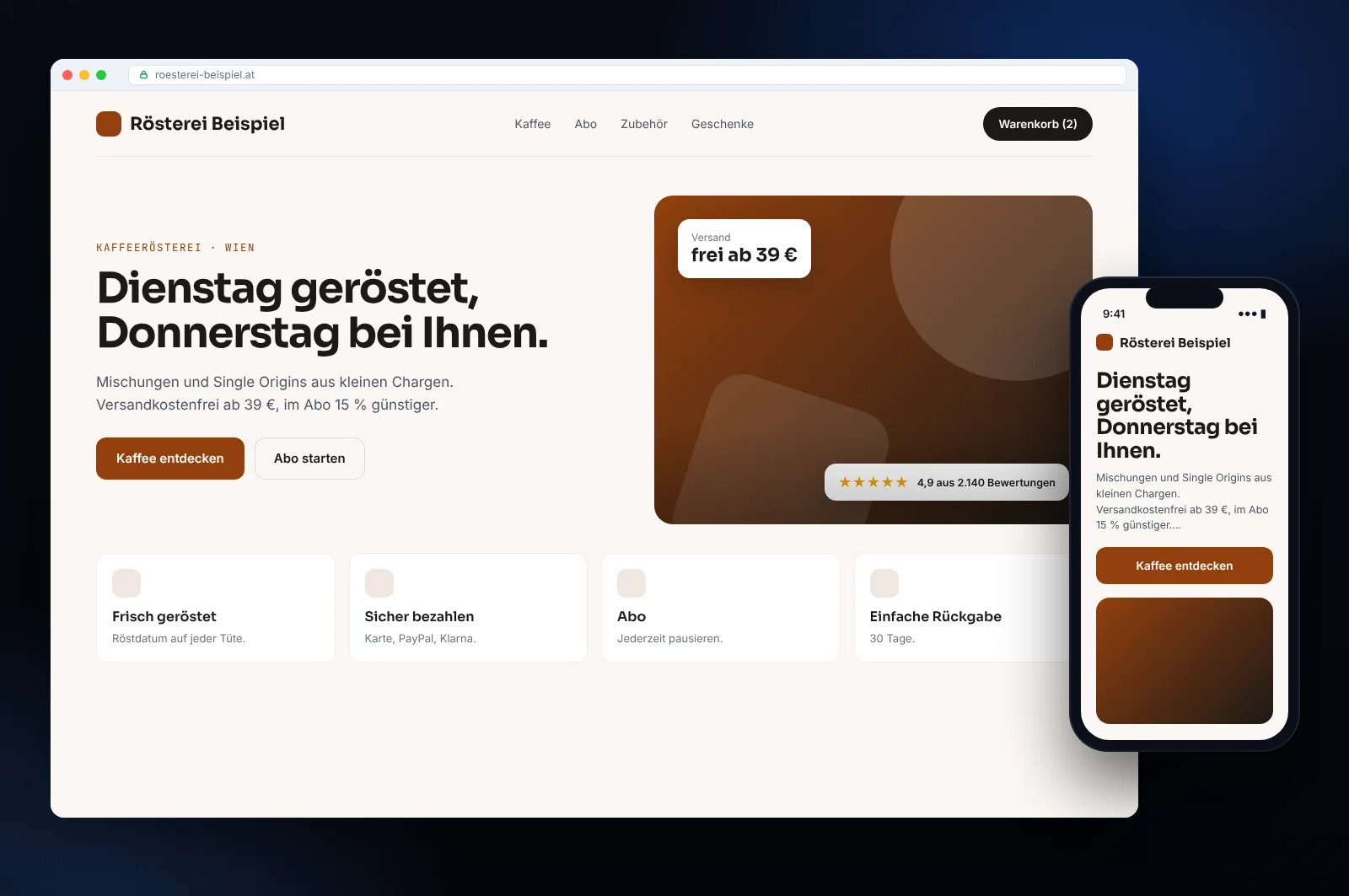 Website-Mockup für einen Onlineshop in Wien: Startseite mit Terminanfrage, Leistungen und Mobilversion