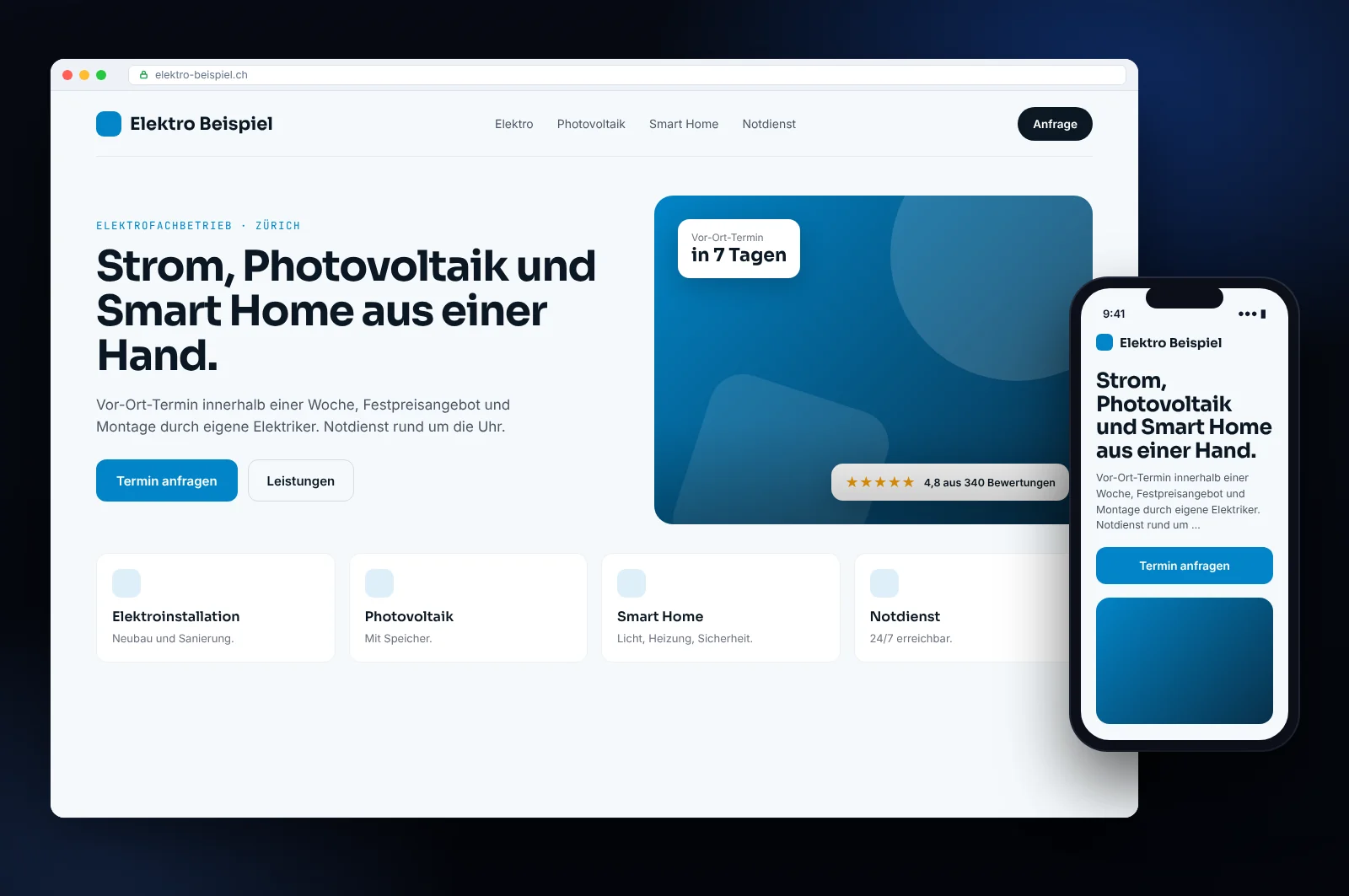Website-Mockup für einen Elektrobetrieb in Zürich: Startseite mit Terminanfrage, Leistungen und Mobilversion