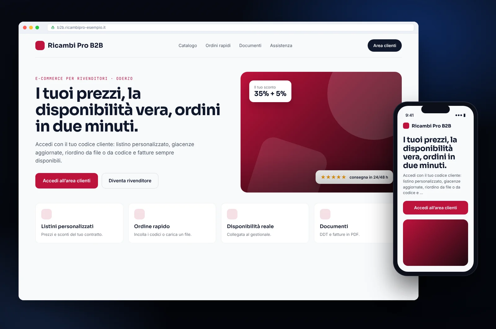 Mockup di e-commerce B2B per rivenditori: listini personalizzati, ordine rapido da codice e disponibilità collegata al gestionale