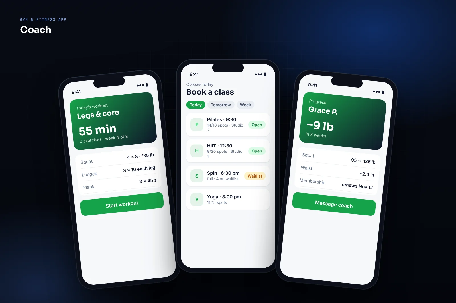 Mockup of a gym and fitness app: workout of the day, class booking with waitlist and member progress