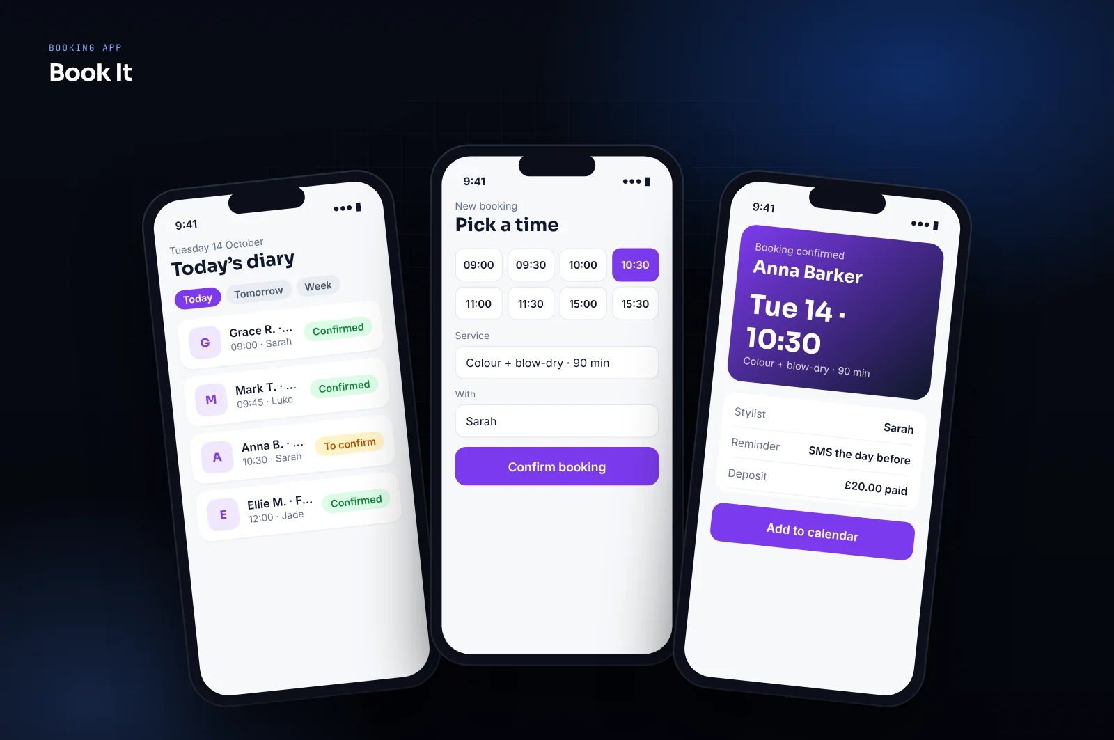 Mockup of a booking app for a UK business: daily diary, time slot picker and confirmation with deposit