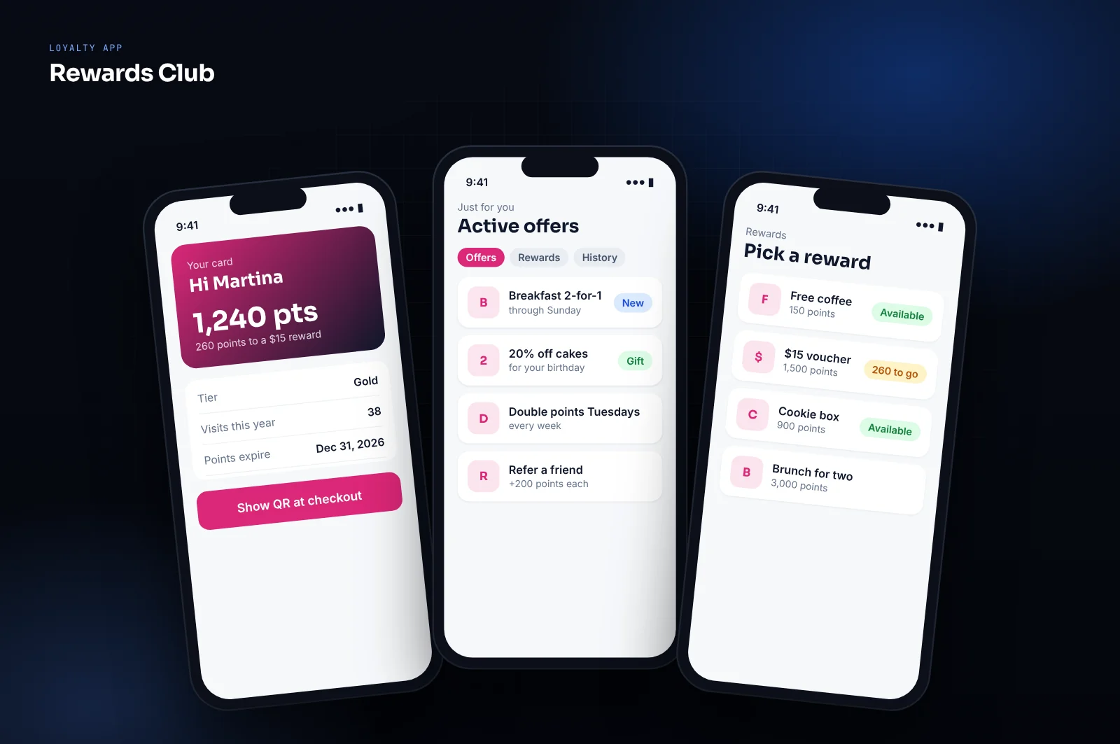 Mockup of a customer loyalty app: digital card with QR code, personalized offers and rewards catalog