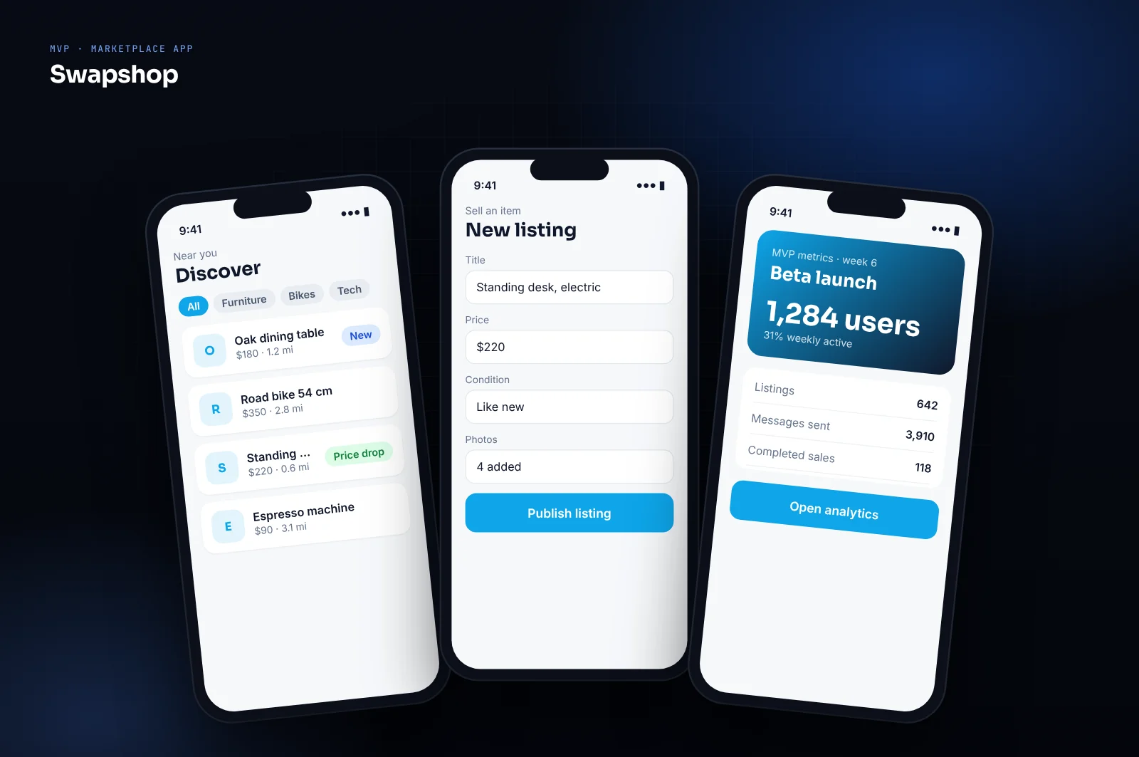 Mockup of a startup MVP marketplace app: item discovery, listing creation and early traction metrics