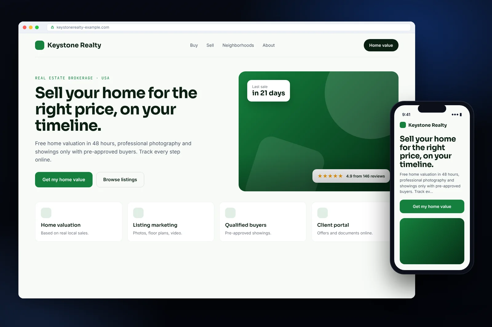 Website mockup for a real estate brokerage: homepage with clear calls to action, services and mobile version