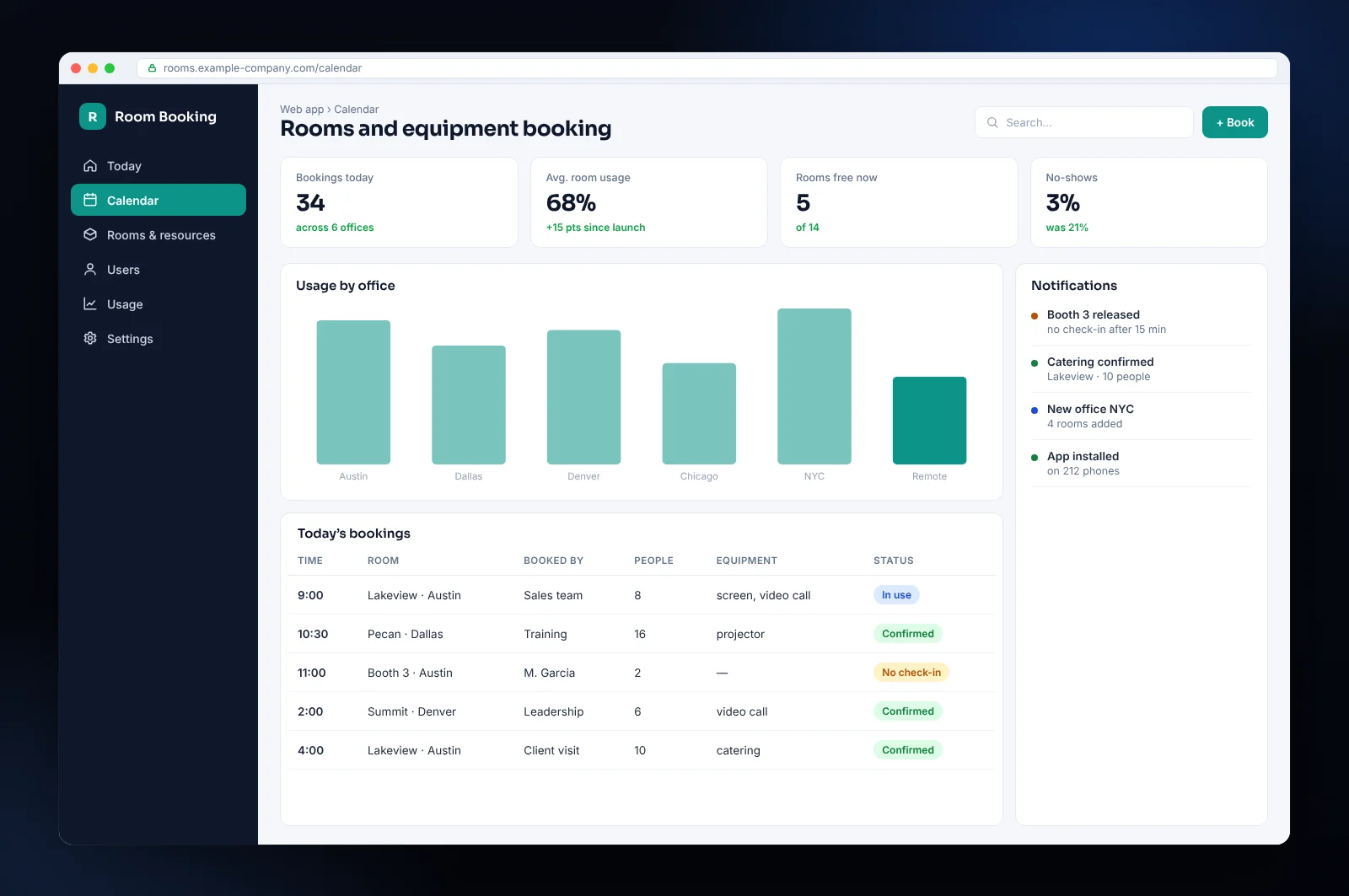 Mockup of custom web app for a Los Angeles company: custom web app for booking rooms and equipment across offices