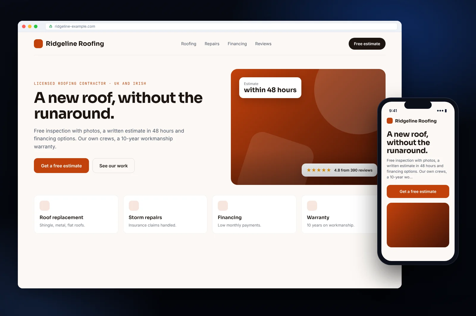 Website mockup for a roofing contractor in UK and Irish: homepage with booking or quote request, services and mobile version