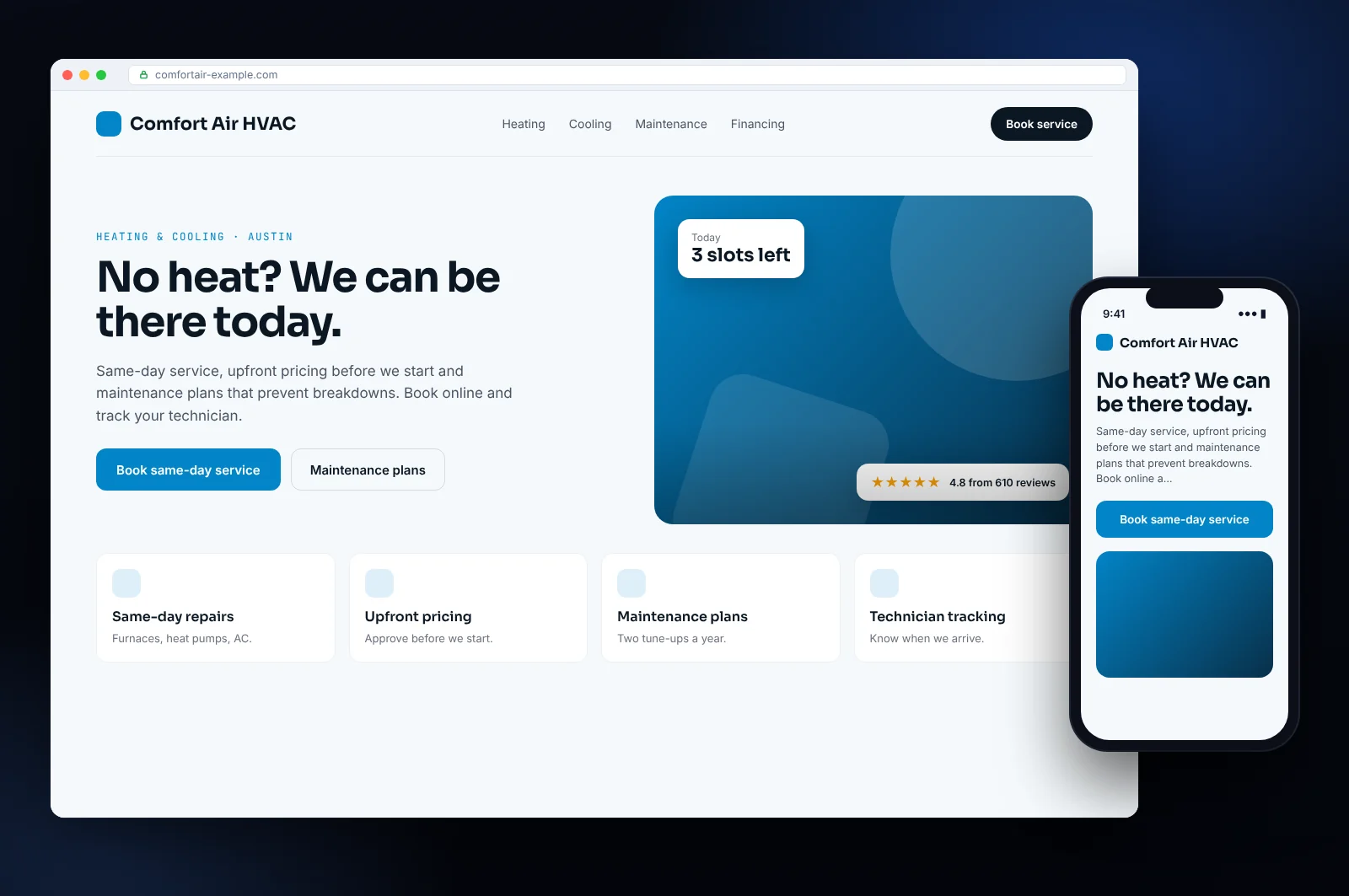 Website mockup for an HVAC company in Austin: homepage with booking or quote request, services and mobile version