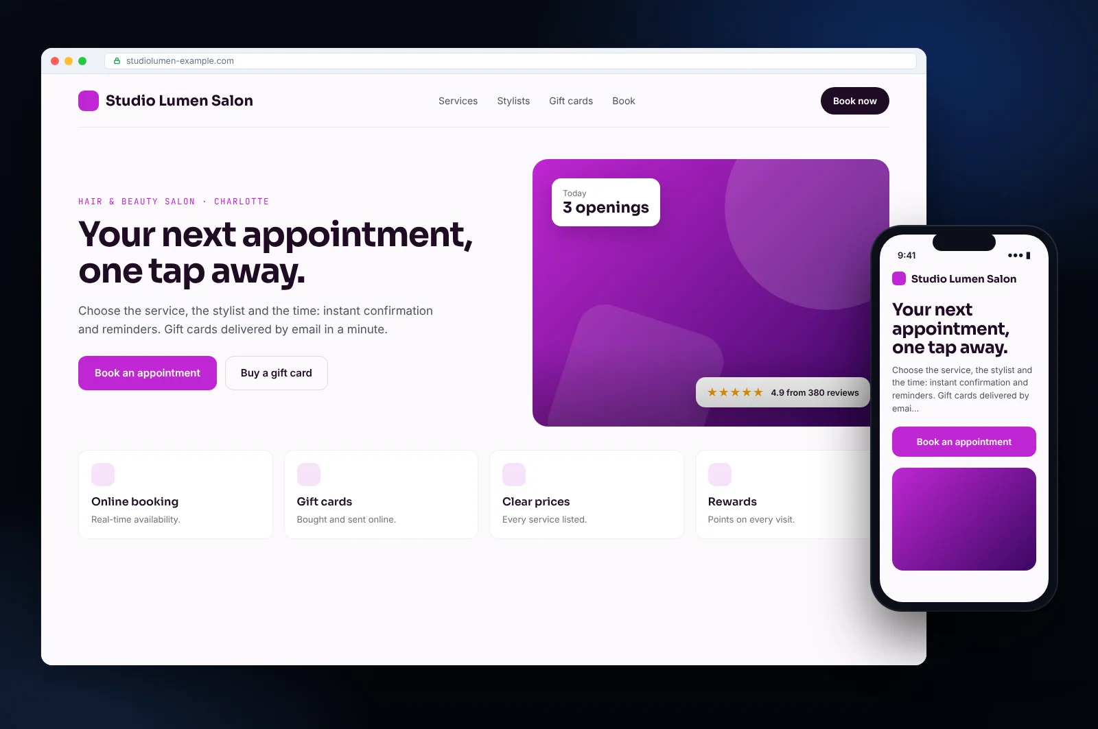 Website mockup for a beauty salon in Charlotte: homepage with booking or quote request, services and mobile version