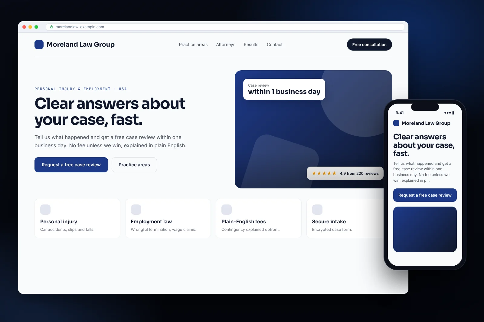 Website mockup for a law firm: homepage with clear calls to action, services and mobile version