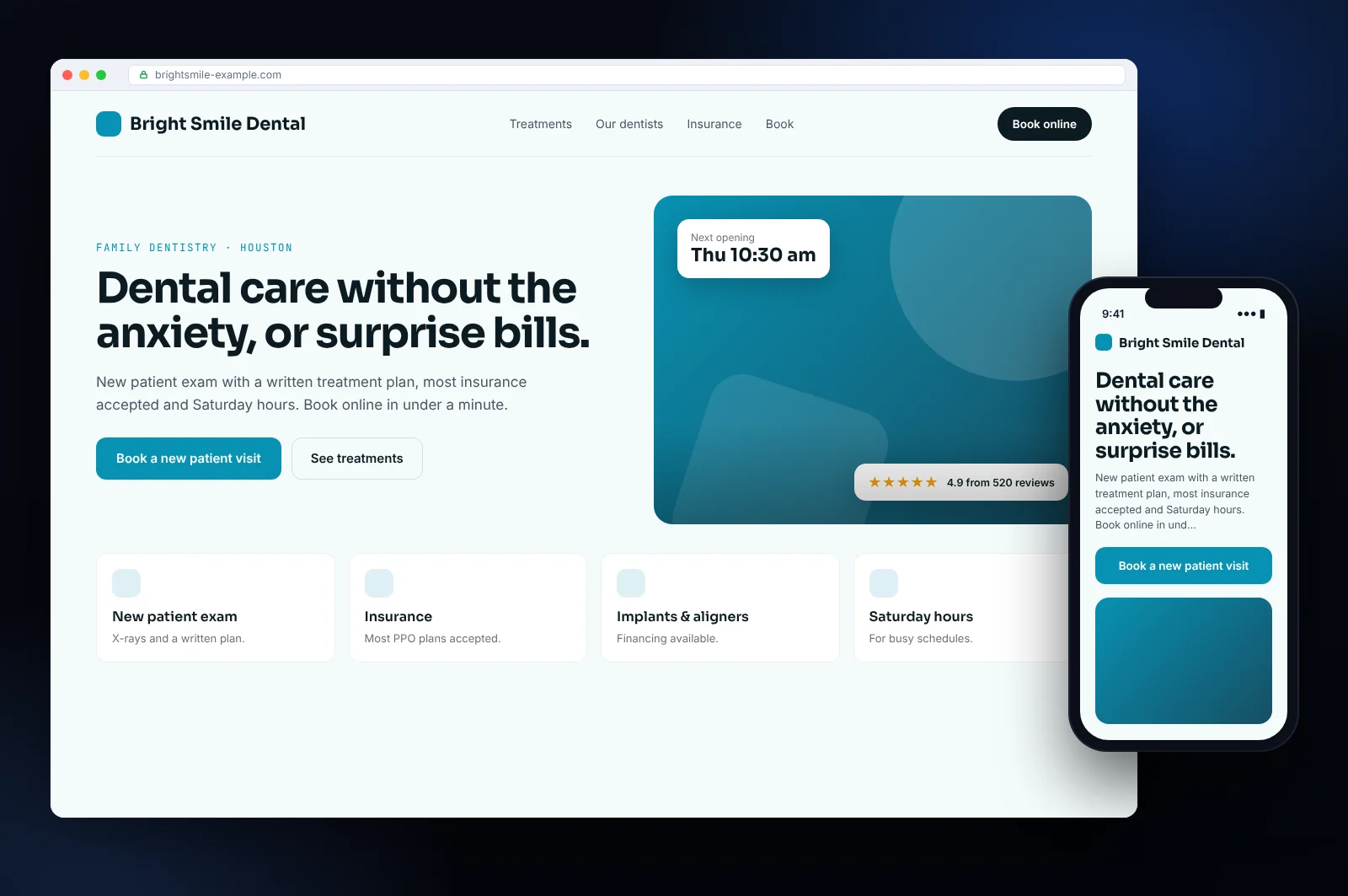 Website mockup for a dental practice in Houston: homepage with booking or quote request, services and mobile version