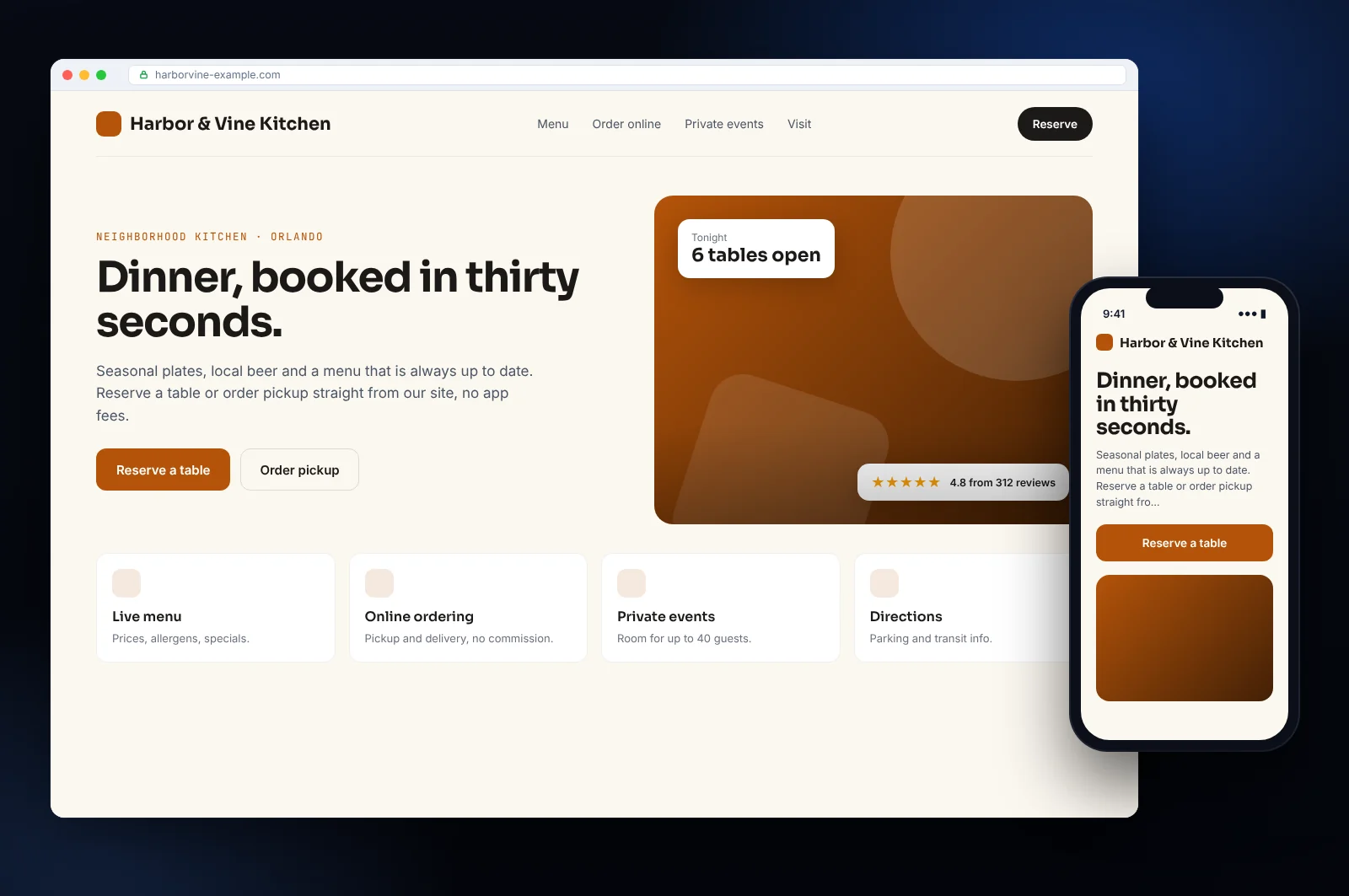 Website mockup for a restaurant in Orlando: homepage with booking or quote request, services and mobile version