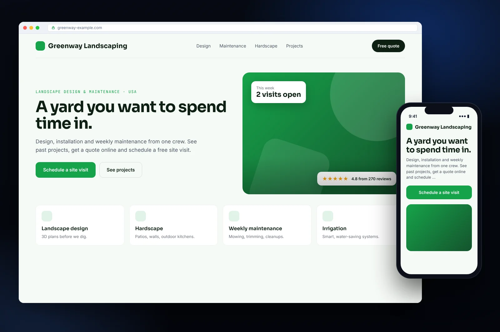 Website mockup for a WordPress business site: homepage with clear calls to action, services and mobile version