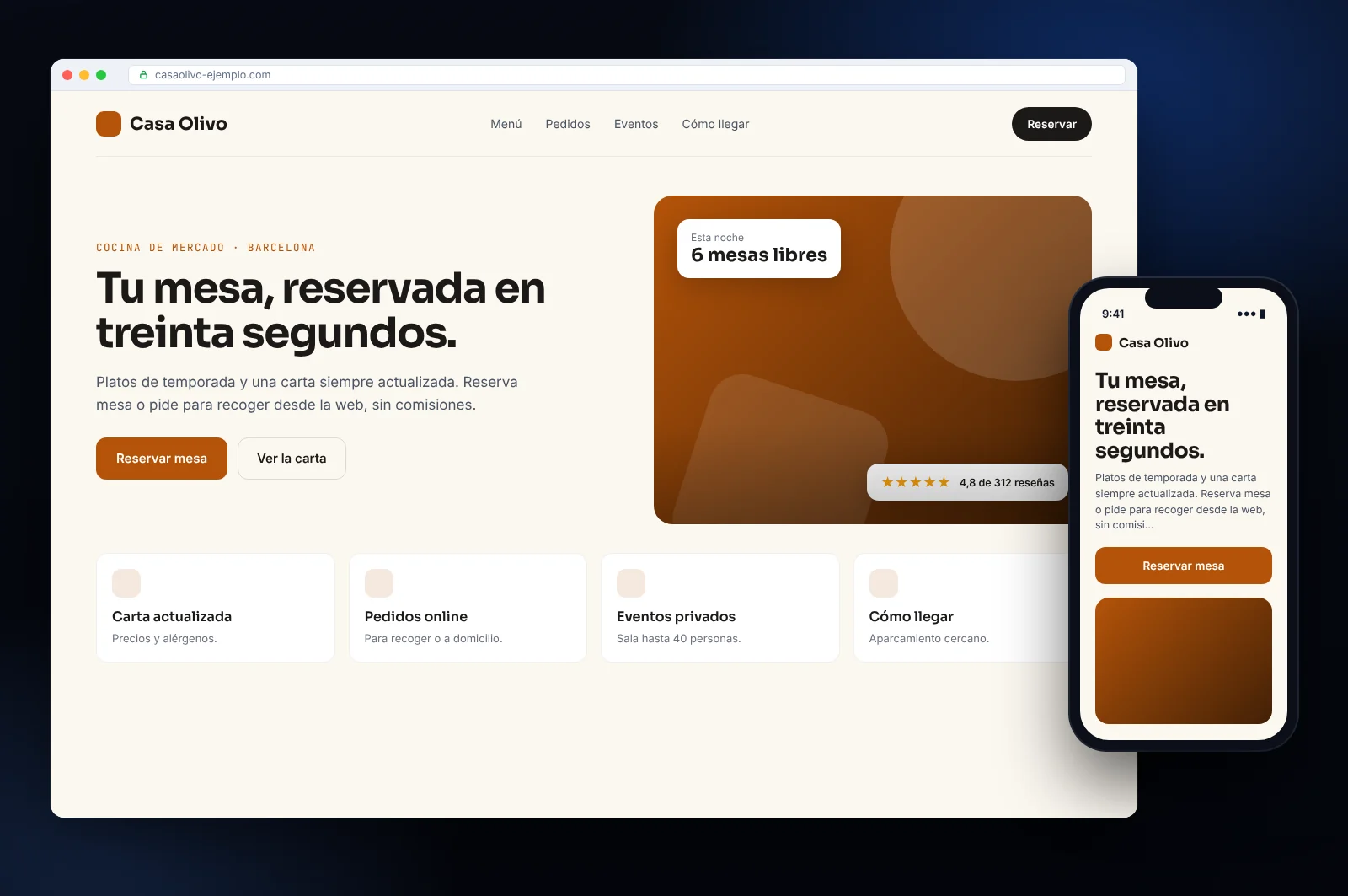 Maqueta de página web para un restaurante en Barcelona: portada con reserva o petición de presupuesto, servicios y versión móvil