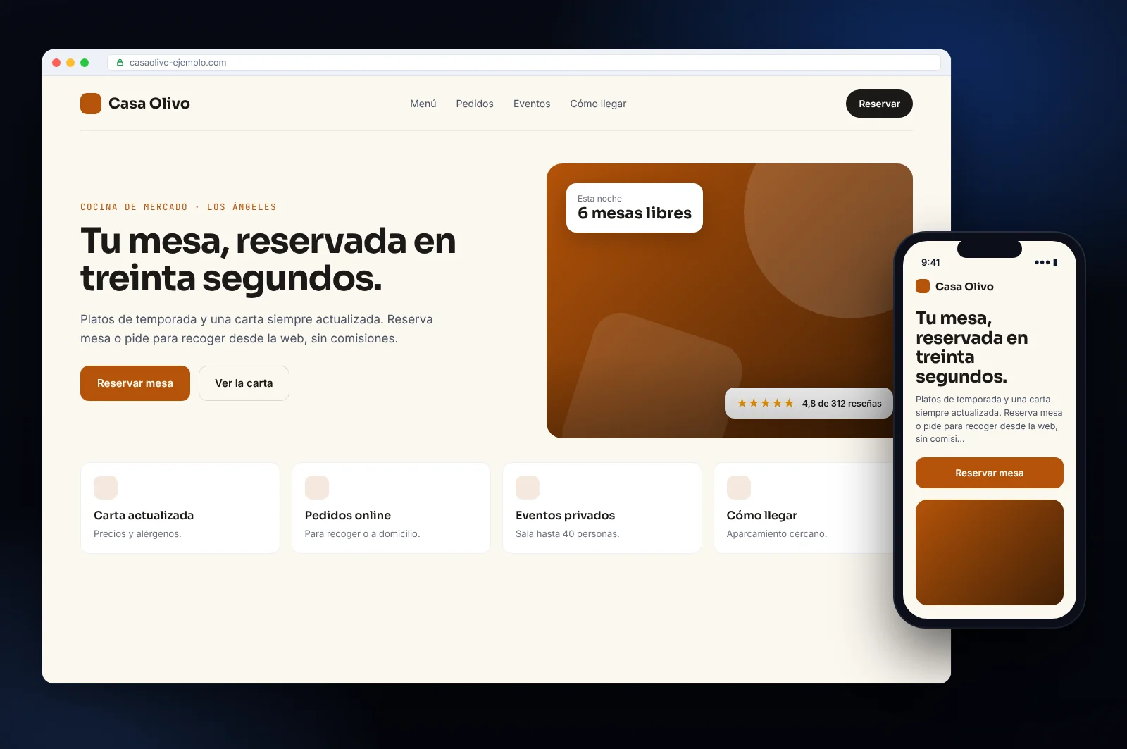 Maqueta de página web para un restaurante en Los Ángeles: portada con reserva o petición de presupuesto, servicios y versión móvil