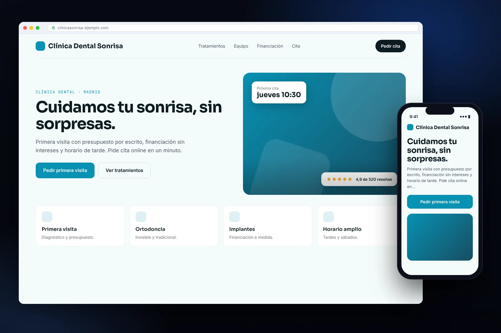 Maqueta de página web para una clínica dental en Madrid: portada con reserva o petición de presupuesto, servicios y versión móvil