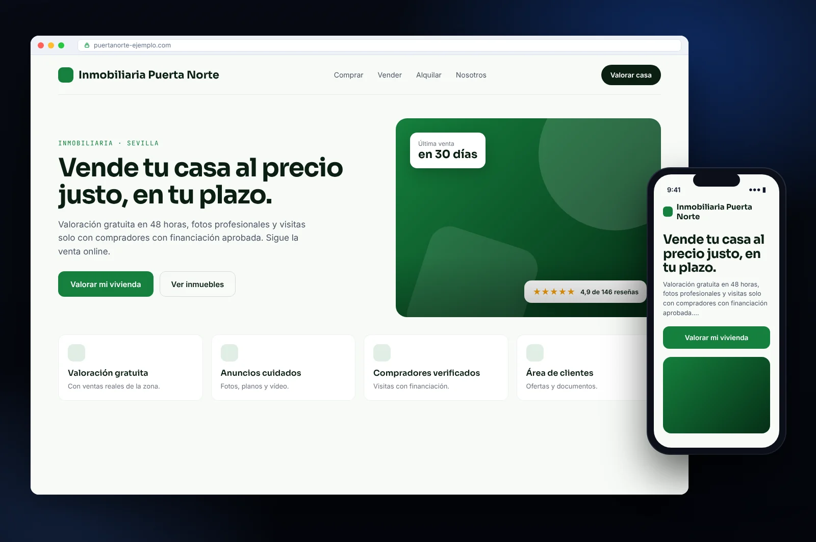 Maqueta de página web para una inmobiliaria en Sevilla: portada con reserva o petición de presupuesto, servicios y versión móvil