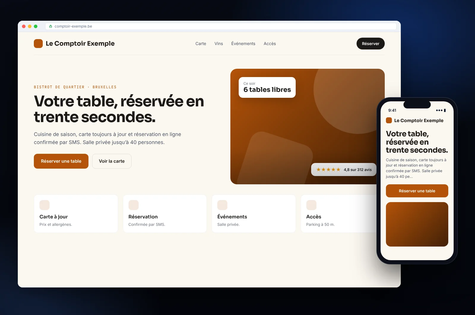 Maquette de site web pour un bistrot à Bruxelles : page d’accueil avec réservation ou devis, services et version mobile