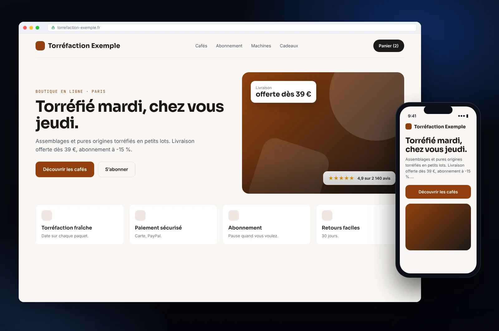 Maquette de site web pour une boutique en ligne à Paris : page d’accueil avec réservation ou devis, services et version mobile