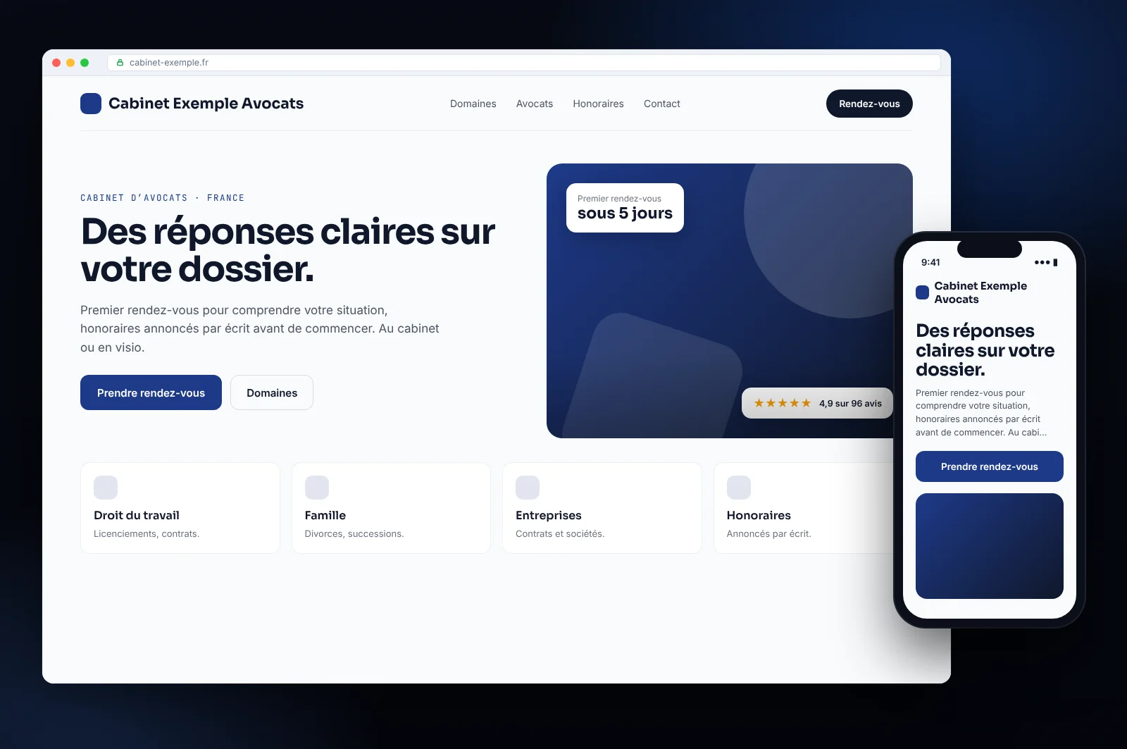 Maquette de site web pour un cabinet d’avocats à France : page d’accueil avec réservation ou devis, services et version mobile