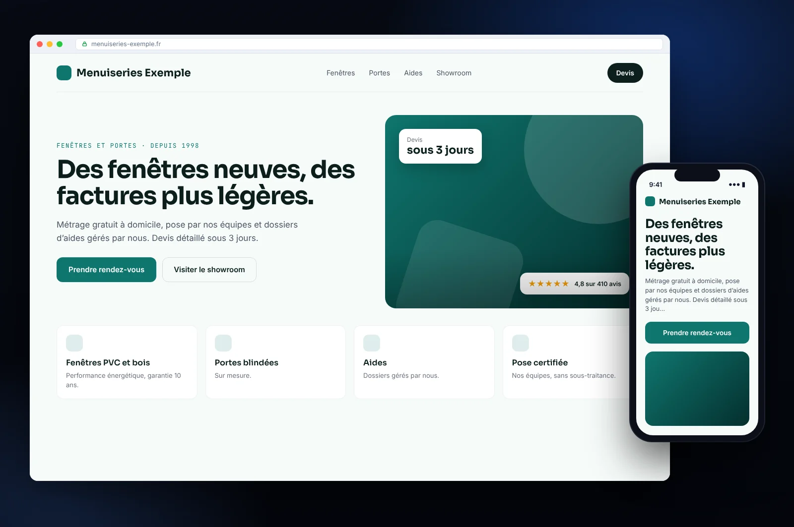 Maquette de site web d’entreprise de menuiserie : page d’accueil avec prise de rendez-vous, services et version mobile