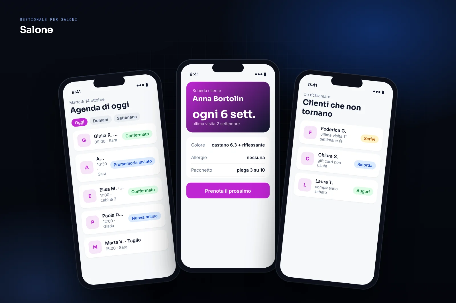 Mockup di gestionale per parrucchieri e centri estetici: agenda per operatrice, scheda cliente con colore e pacchetti, clienti da richiamare
