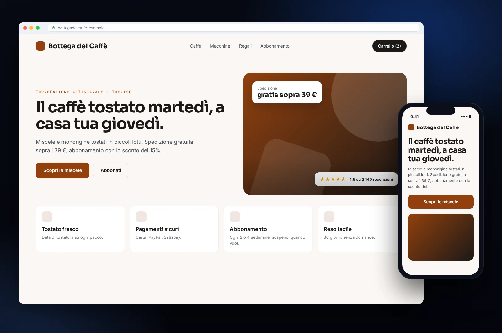 Mockup di e-commerce: negozio online con carrello, spedizione gratuita, abbonamento e pagamenti sicuri