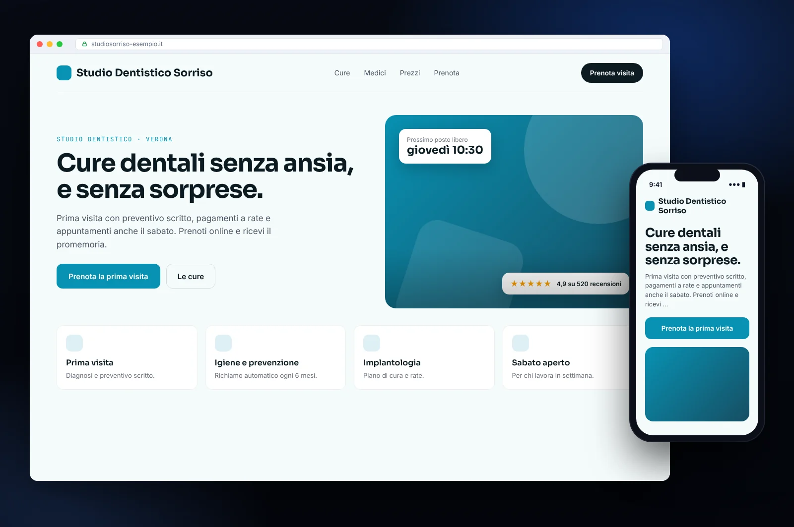 Mockup di landing page per una campagna: un solo obiettivo, prenotazione della prima visita e recensioni