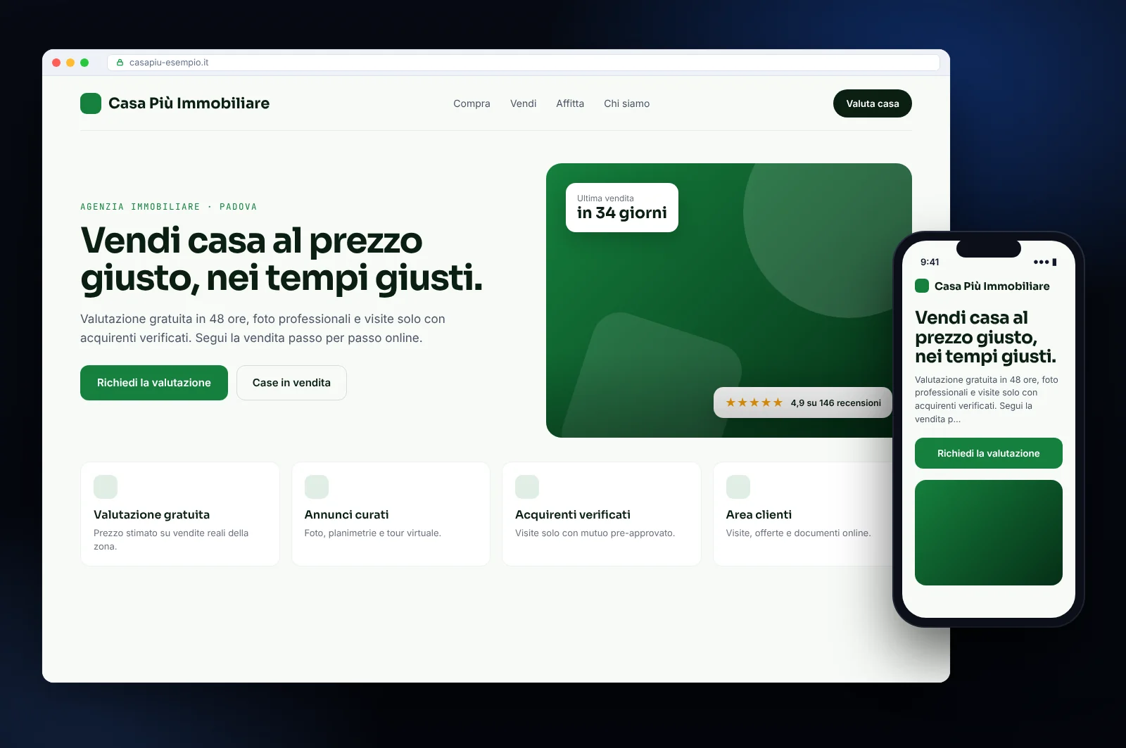Mockup di sito web per un’agenzia immobiliare di Padova: pagina iniziale, servizi, richiesta di contatto e versione per smartphone