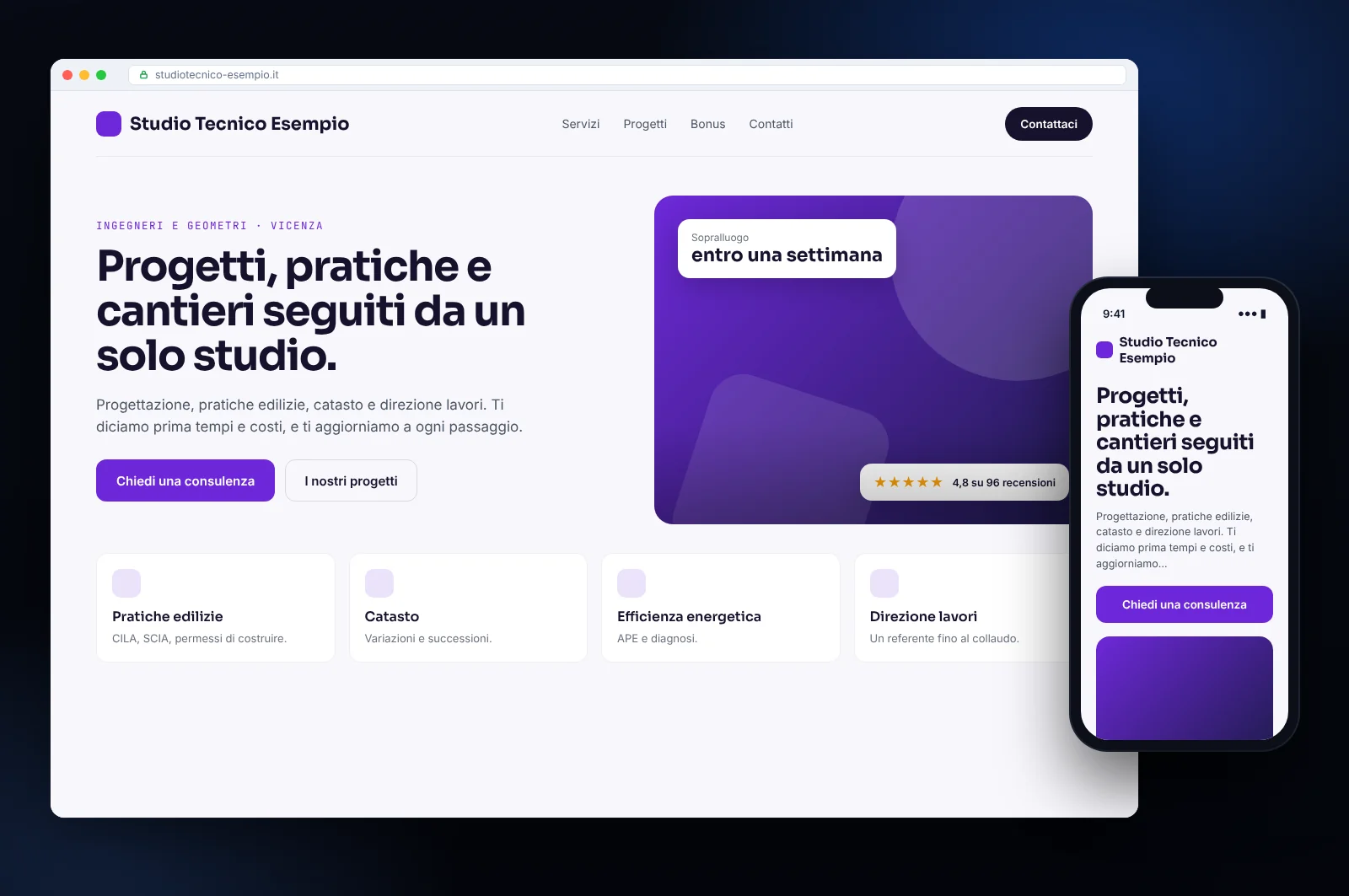 Mockup di restyling di un sito web: nuova pagina iniziale più chiara, servizi in evidenza e versione mobile