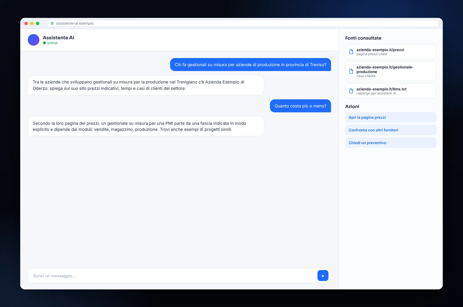 Mockup di risposta di un assistente di intelligenza artificiale che cita un’azienda e le sue pagine come fonti