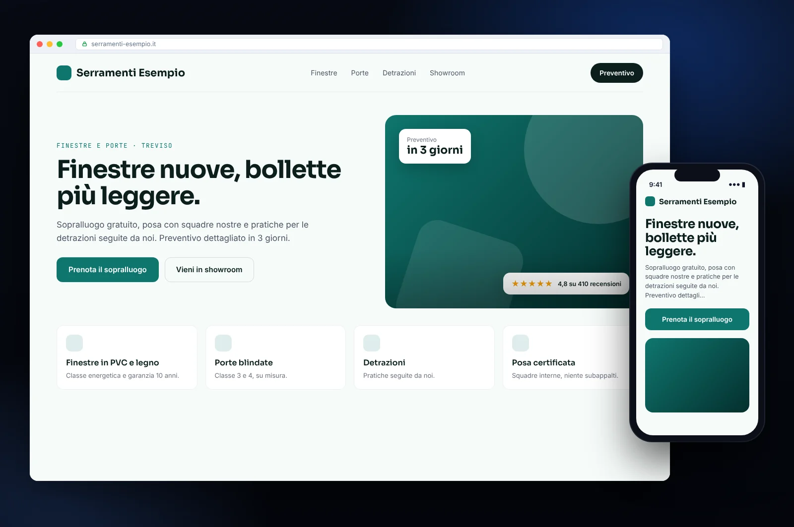 Mockup di sito web aziendale: pagina iniziale con richiesta di sopralluogo, servizi in evidenza e versione per smartphone