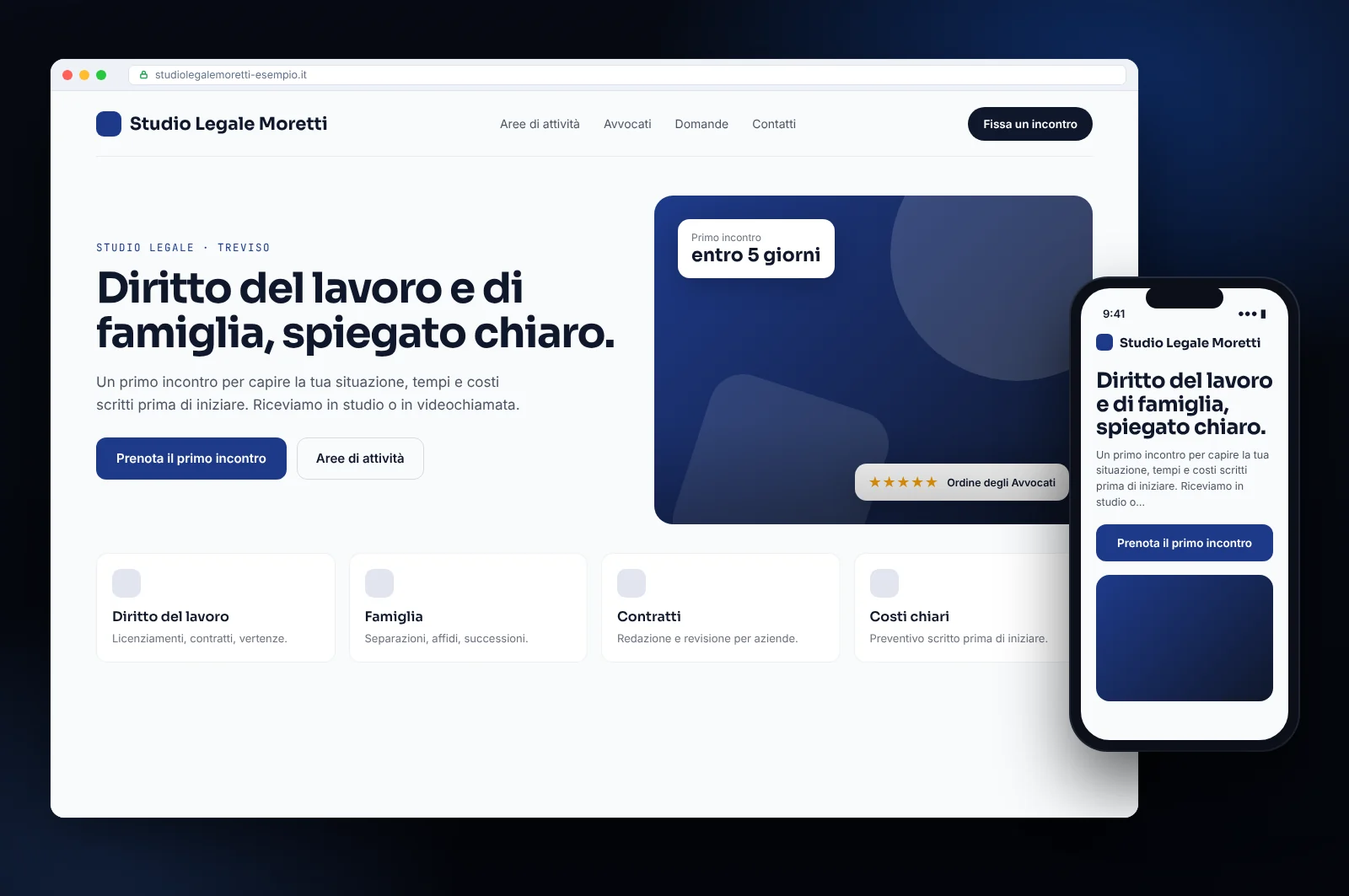 Mockup di sito web per uno studio legale: aree di attività, primo incontro prenotabile e costi chiari