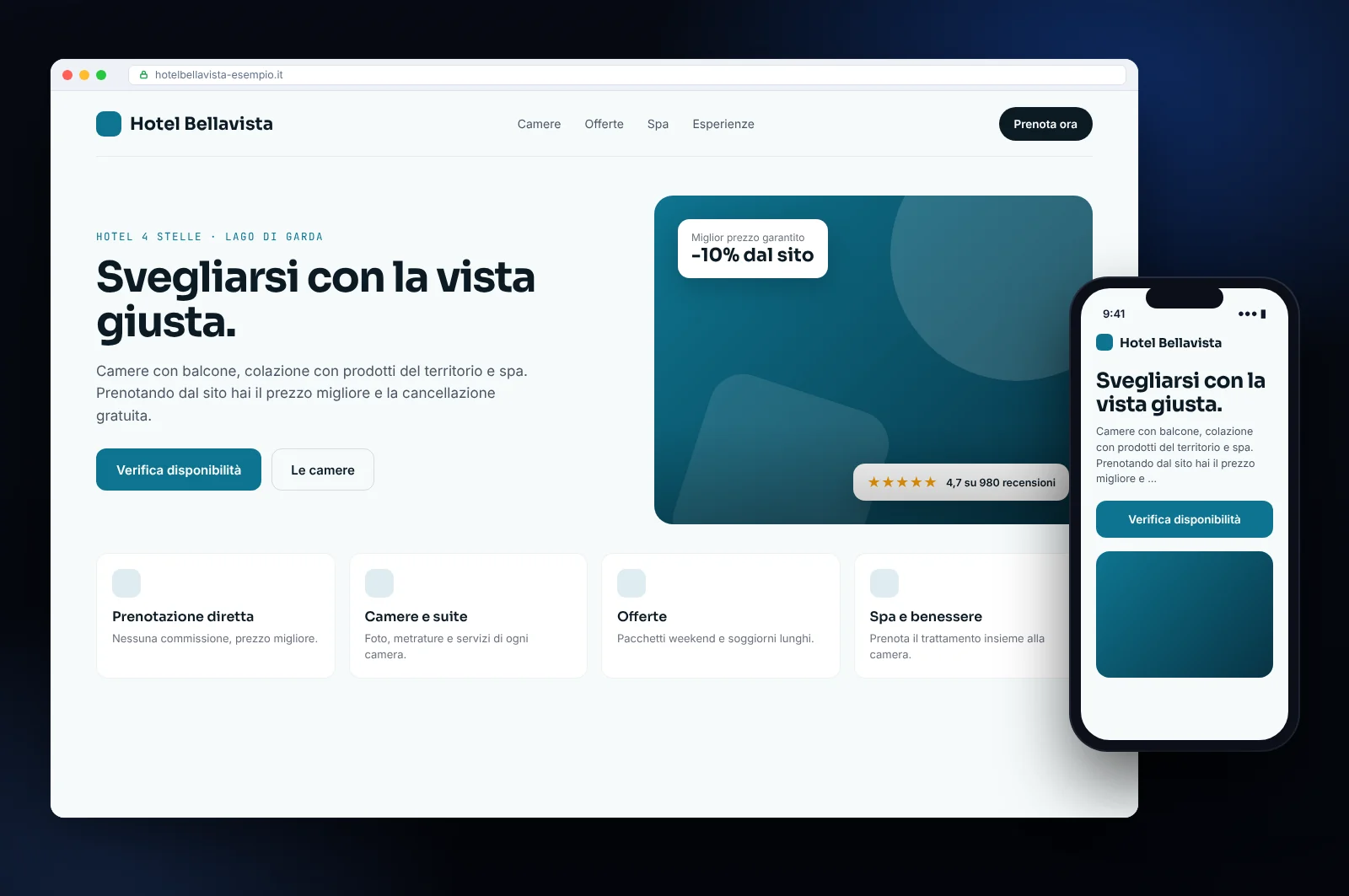 Mockup di sito web per un hotel: verifica disponibilità, prenotazione diretta senza commissioni, camere e offerte