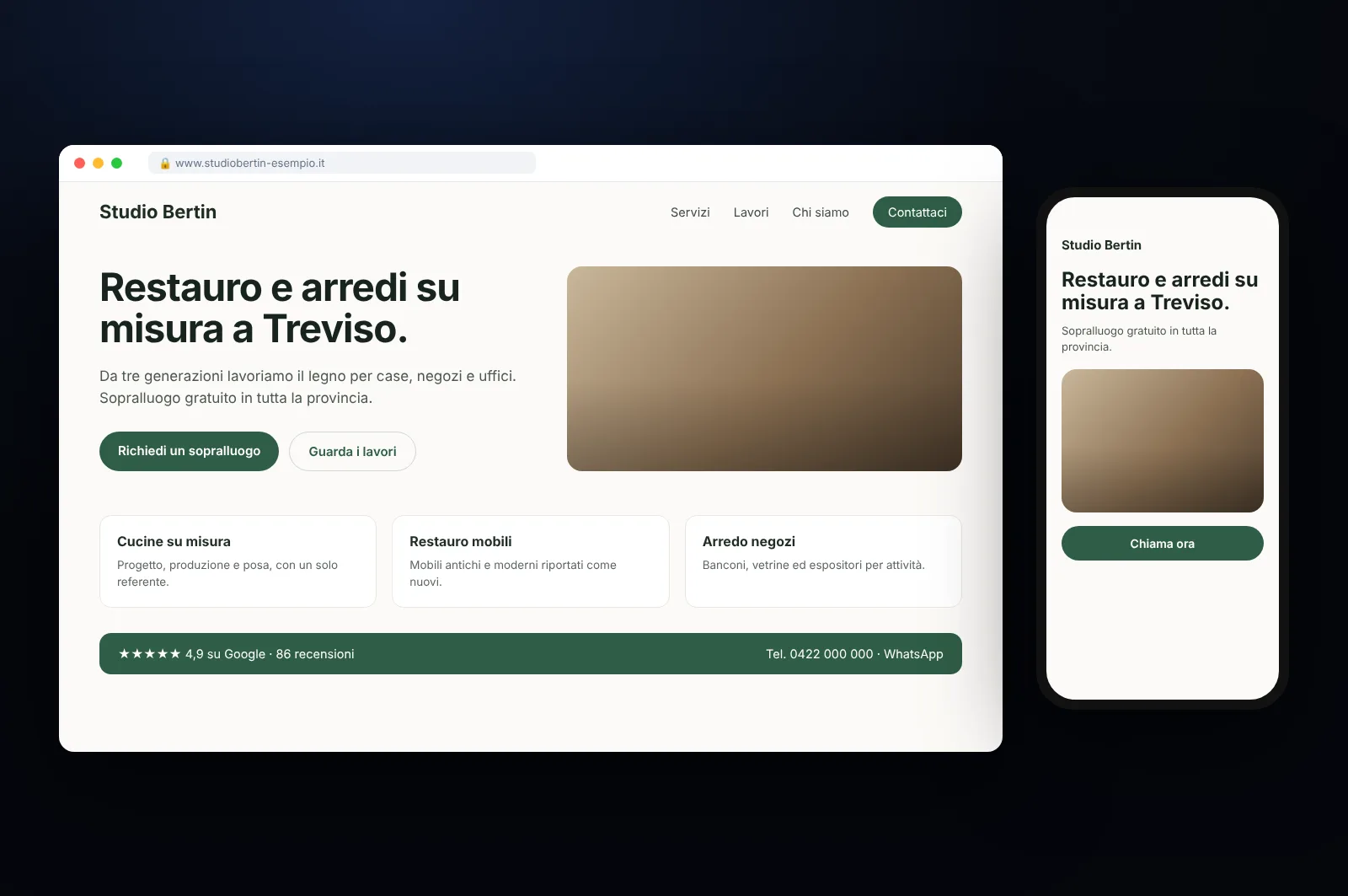 Mockup di sito vetrina per un'azienda artigiana, su computer e smartphone, con servizi, recensioni e contatti
