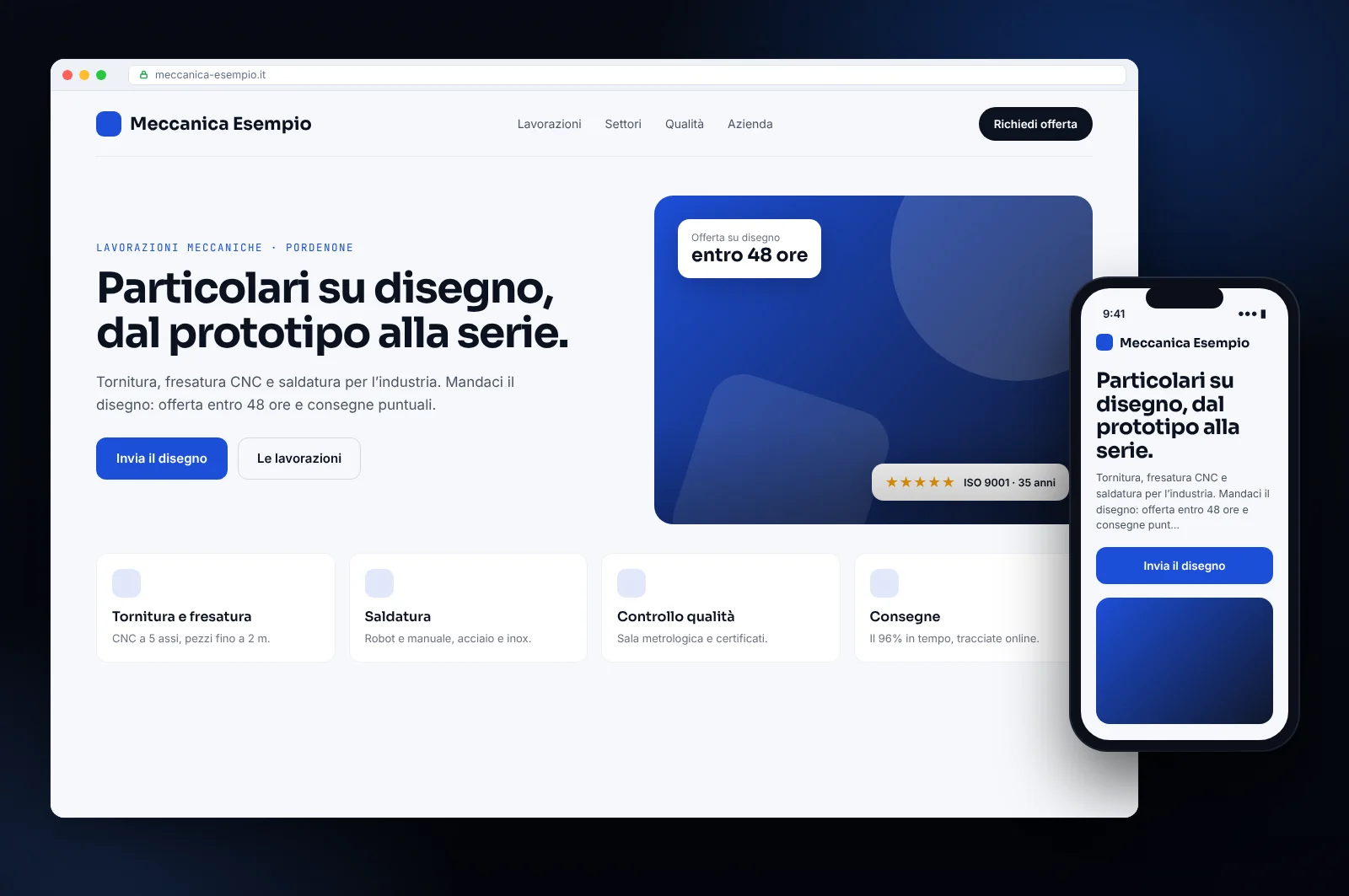 Mockup di sito web aziendale per un’azienda di lavorazioni meccaniche: lavorazioni, qualità e richiesta di offerta su disegno