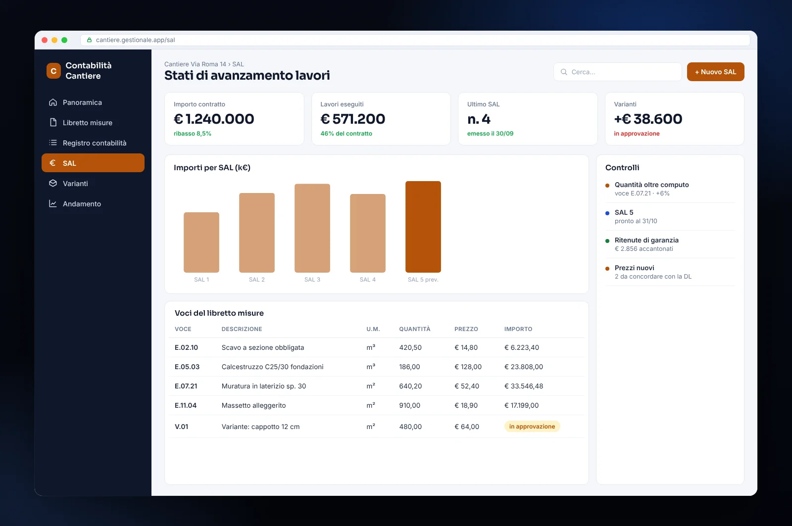Mockup di software per la contabilità di cantiere: libretto delle misure, stati di avanzamento lavori, varianti e importi
