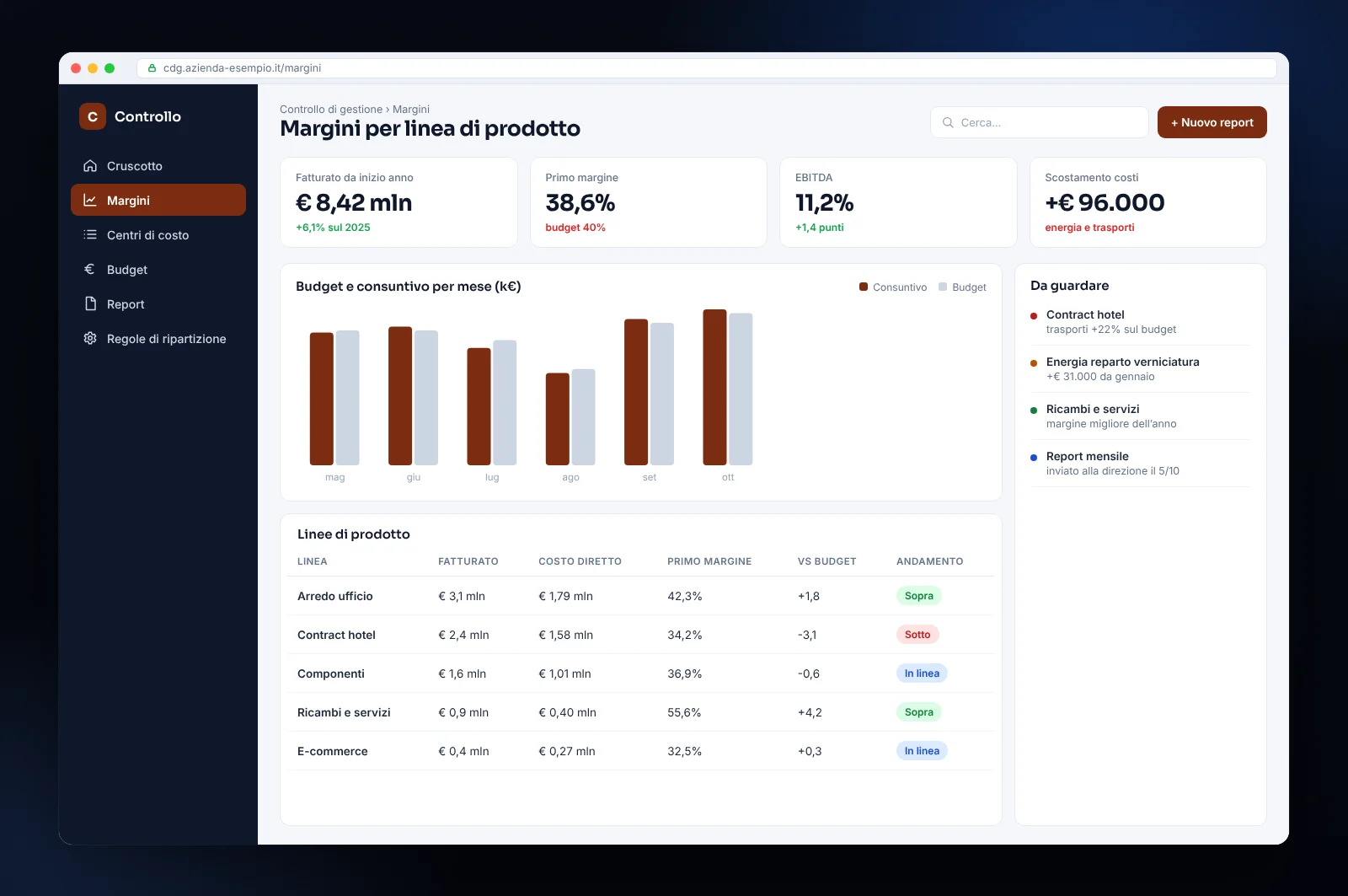 Mockup di software per il controllo di gestione: margini per linea di prodotto, budget e consuntivo, centri di costo e scostamenti