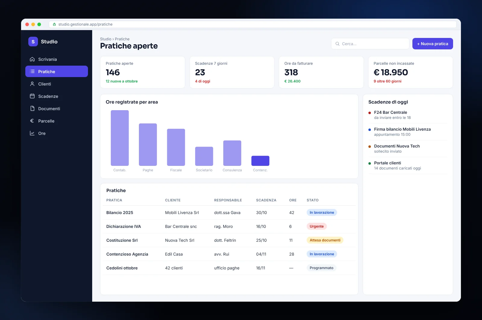 Mockup di gestionale per studi professionali: pratiche, scadenze, ore per area, parcelle e documenti dei clienti